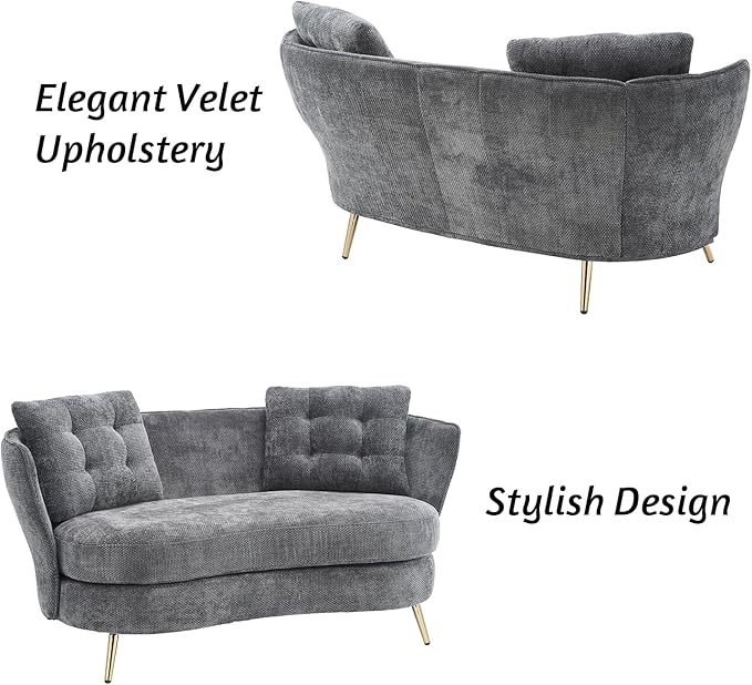 64“Modern Velvet Loveseat CouchFuton Small Sofa with Gold Metal Legs 2-Seater Upholstered Mini Sofa Couches for Small SpaceLiving Room Bedroom Office Dorm Studio Apartment Love Seat Couche (Grey-)