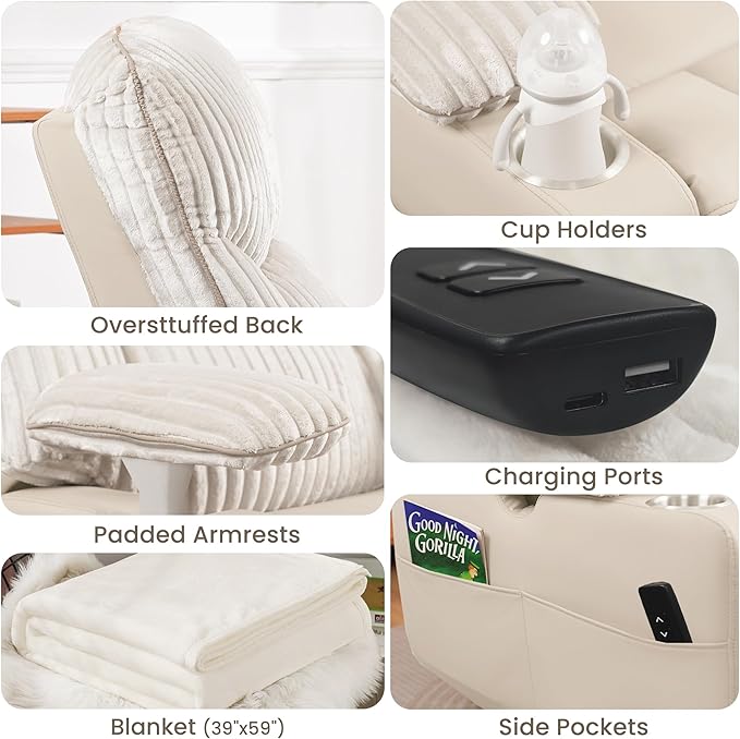SUNWAVE Power Nursery Rocking Chair with Adjustable Armrests Nursing Chair with USB Cup Holders &amp Blanket Swivel Rocker Recliner with Corduroy and PU Leather Mixed Fabric (Beige)