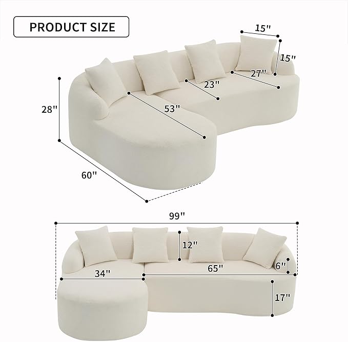 Ball &amp Cast 99 Modern Curved Sectional SofaFull Sponge Compression SofasCombining Chaise Longue with 3-Seater4 Seater Combined Couch W/ 4 Pillowsfor Living RoomApartmentWhite