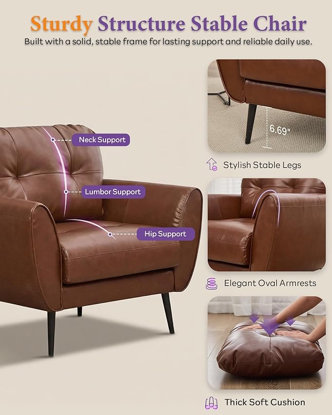 TYBOATLE Accent Chairs Set of 2 Comfy Modern Living Room Brown Leather Reading Accent Chairs Tufted Mid Century Arm Chair Small Salon Chair for Office Bedroom (2 Brown)