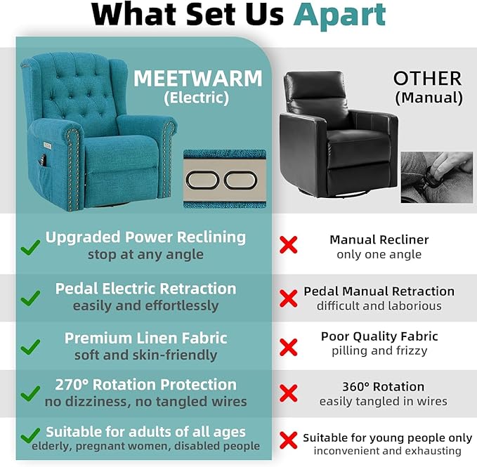 MEETWARM Power Swivel Rocking Glider Recliner Chair with Heat and Vibration Electric Rocker Nursery Reclining Chair Wingback Tufted Upholstered Recliner with Type-C &amp USB Ports for Living Room(T
