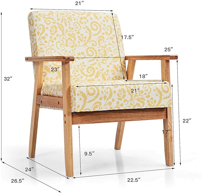 2PCS Yellow Floral Accent Chair Armchair Upholstered Lounge Chair With Soft Thick Cushion Ergonomic Armrest Non-Slip Foot Pads Rubberwood Construction Suitable For Living Room Study Balcony Office Use