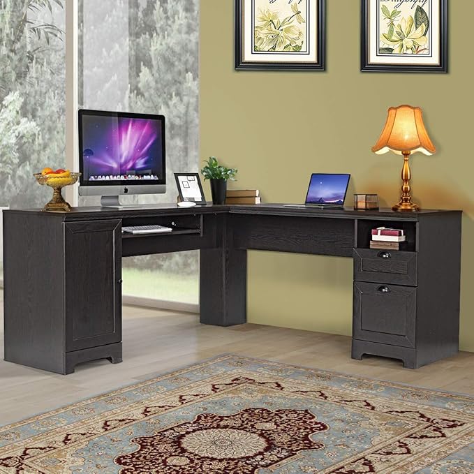 GOFLAME 66 Inch L-Shaped Computer Desk Spacious Corner Desk w/Drawers Cabinet &amp Keyboard Tray Executive Office Desk Study Gaming Workstation for Home Office (Coffee)