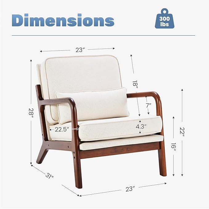 DUMOS Accent Chairs Set of 2Mid Century Modern Chair with Arms and Waist Cushion Reading Chairs for Adults Lounge Chair for Living Room and Bedroom Solid Wooden Frame Cream
