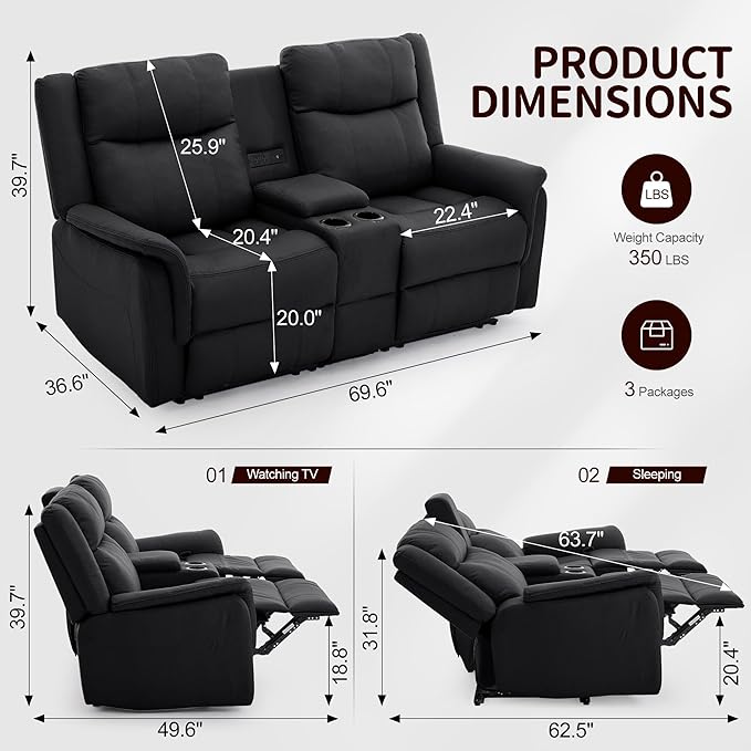 Loveseat Recliner Sofa Reclining Loveseat Couch Reclining Couch with Console USB Port US Outlets and Cup Holders 2-Seater Sofa for Living Room (2-Seater Black)