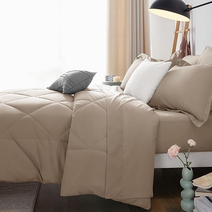 CozyLux Queen Comforter Set Khaki - Bed in a Bag Queen Size 7 Pieces Luxury Soft Bed Set for All Seasons Bedding Set with Down Alternative Comforter Sheets Pillowcases &amp Shams