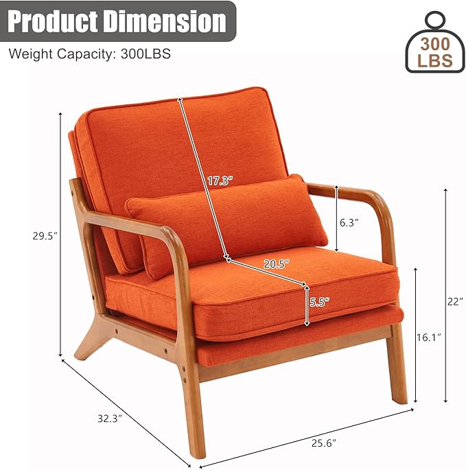 Mid Century Modern Accent Chair for Living Room Upholstered Armchair with Solid Wood Frame Comfy Reading Boho Chair for Bedroom (Orange Set of 2)