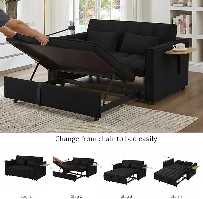 3 in 1 Convertible Sleeper Sofa Bed Pull Out Couch Bed with USB Ports Foldable Tables &amp Phone Stand Adjustable Backrest Velvet Loveseat Futon Couch for Living Room Bedroom Samll Space Black