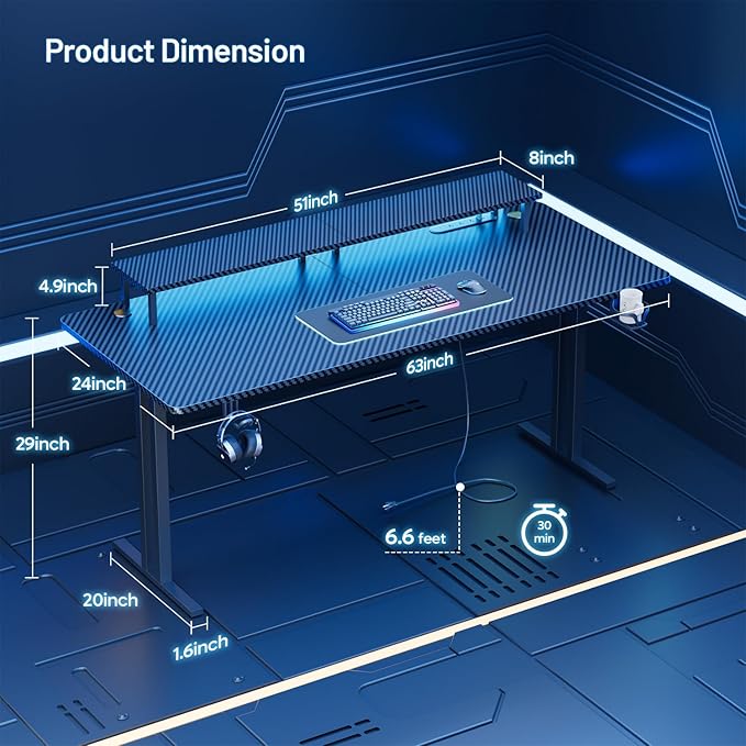 HLDIRECT 63 Inch Gaming Desk with 5 Sockets &amp LED Lights Computer Gamer Desk with Monitor Stand Ergonomic Carbon Fiber Gaming Table Home Office Desk with Cup Holder Headphone Hook &amp Mouse P