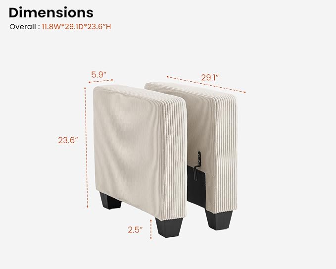 CHIC HOUSE Middle Module for Modular Couch Corduroy Customizable Chaise Storage Ottoman for Sectional Sofa Armrest Single/Double Seater