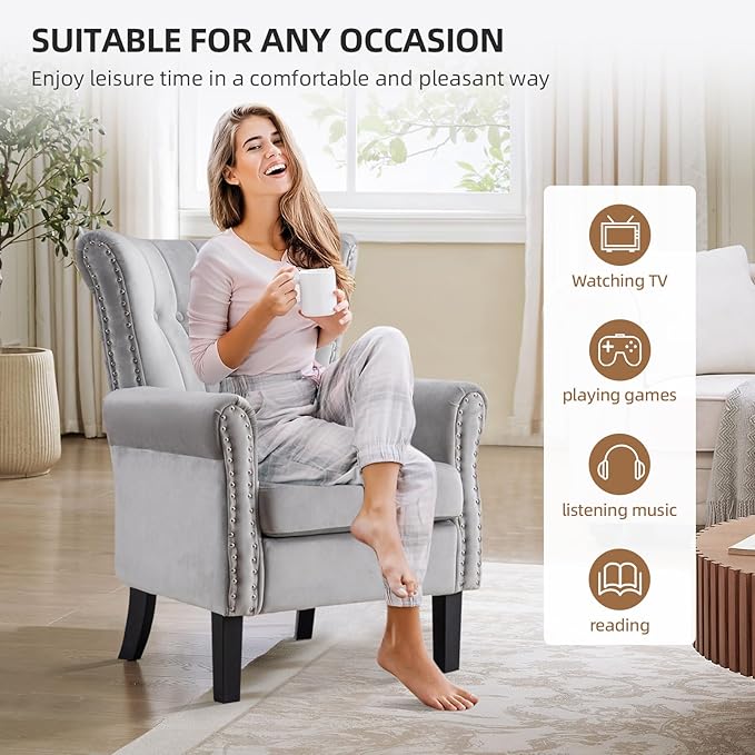 Velvet Accent Chair Single Modern Armchair with Riveted Decorative Mid-Century High Wingback Reading Chair Sturdy Sofa Living Room ChairsGrey