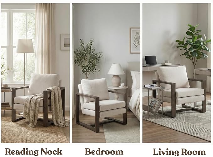 CIMOTA Modern Mid Century Accent Chairs Set of 2 Comfy Armchairs with 8.5 Thick Cushion &amp Armrests Upholstered Reading Lounge Chairs with Walnut Frame for Living Room Bedroom Office Beige