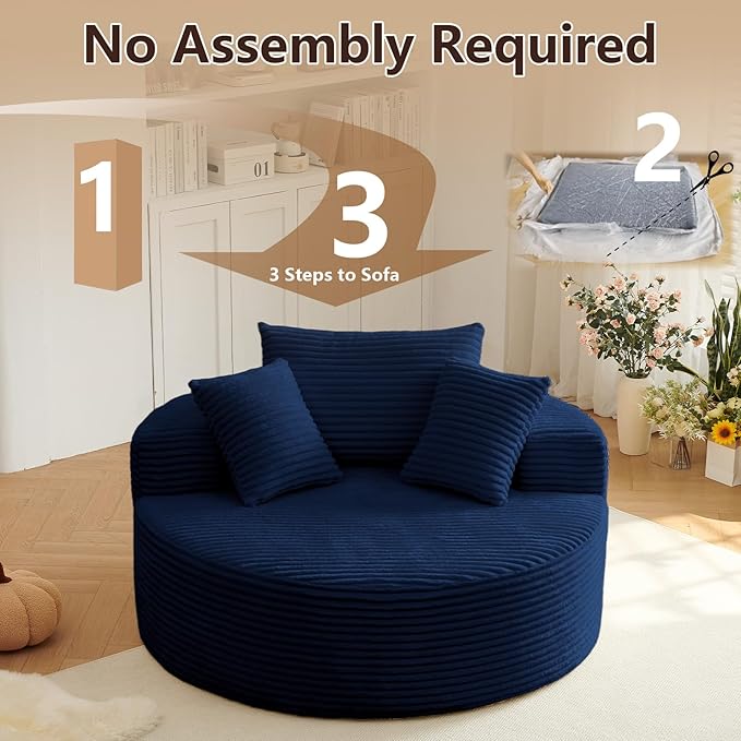 55'' Oversized Round Chair Lounge Chaise Indoor Cloud Boneless Large Circle Chair with Plush Corduroy No Assembly Required Fluffy Modern Sleeper Sofa Bed for Reading Living Room Bedroom(Blue)