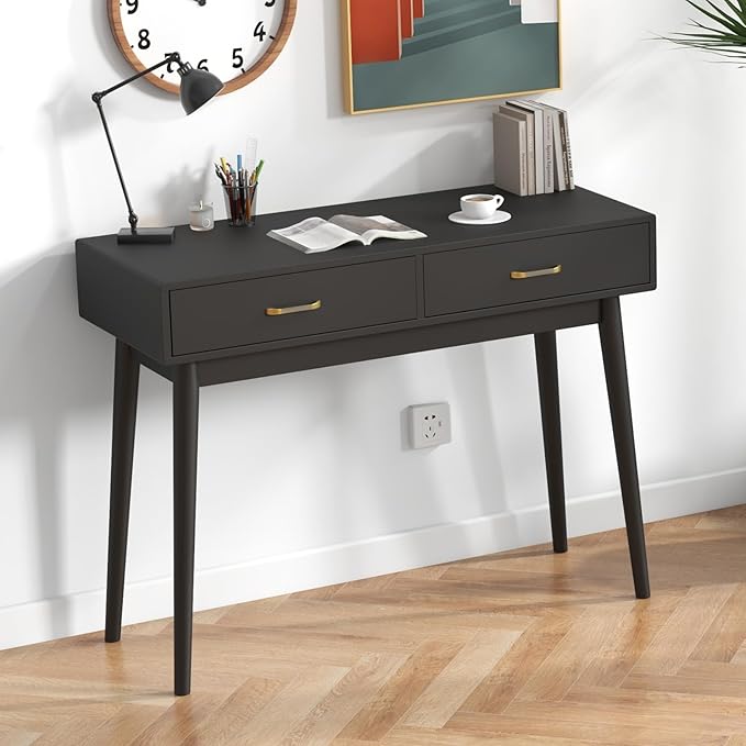Small Black Desk with Drawers - 40 Inch Home Office Study Writing Desk for Bedroom Vanity Desk with 4 Solid Legs Modern Computer Desk for Small Spaces (Balck)