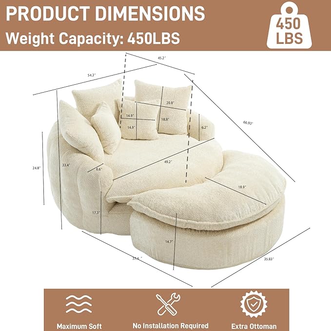 54'' Oversized Round Bean Bag Chaise Lounge Barrel Chair with Movable Ottoman Fluffy Cloud Couch Boneless Round Sofa Chair for Living Room Bedroom Apartment Beige White