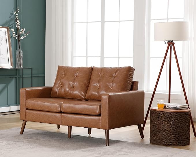 VESCASA 53 W Faux Leather Loveseat Sofa with Button Tufted Back Mid Century Modern Upholstered 2 Seater Small Sofa Couch with Wood Legs PU Leather Love Seats for Living Room/Bedroom Caramel
