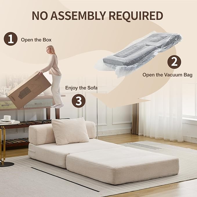 Folding Sofa Bed Convertible Sleeper Chair with Pillow Single Sofa with Back Support Portable Fold Out Chair Cloud Couch Bed Comfy Floor Sofa Lounge for Living Room Bedroom White