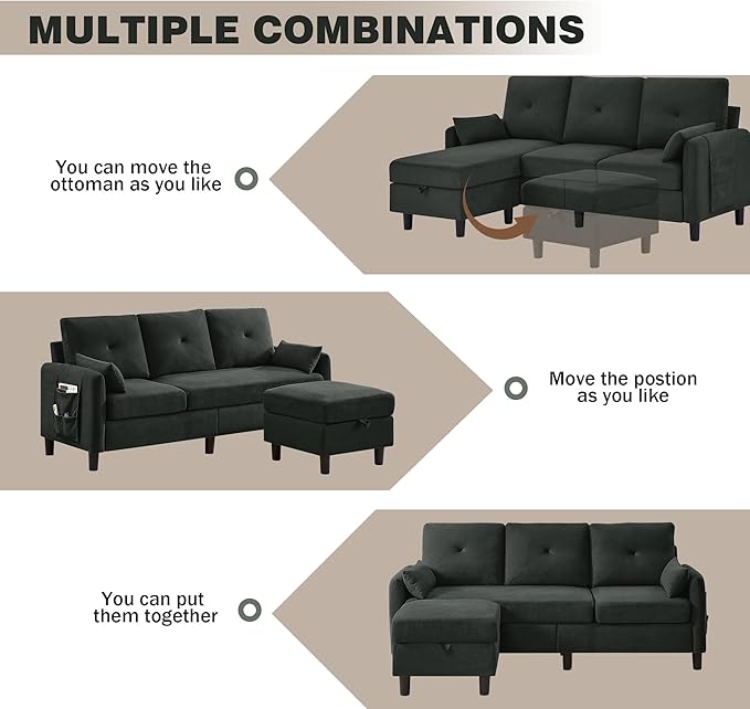 77 Convertible Sectional Couches 3 Seat L Shaped Couch Sofa with Storage Chaise &amp Removable Pillows Linen Fabric Small Couch Mid Century for Living Room Apartment and Office Black
