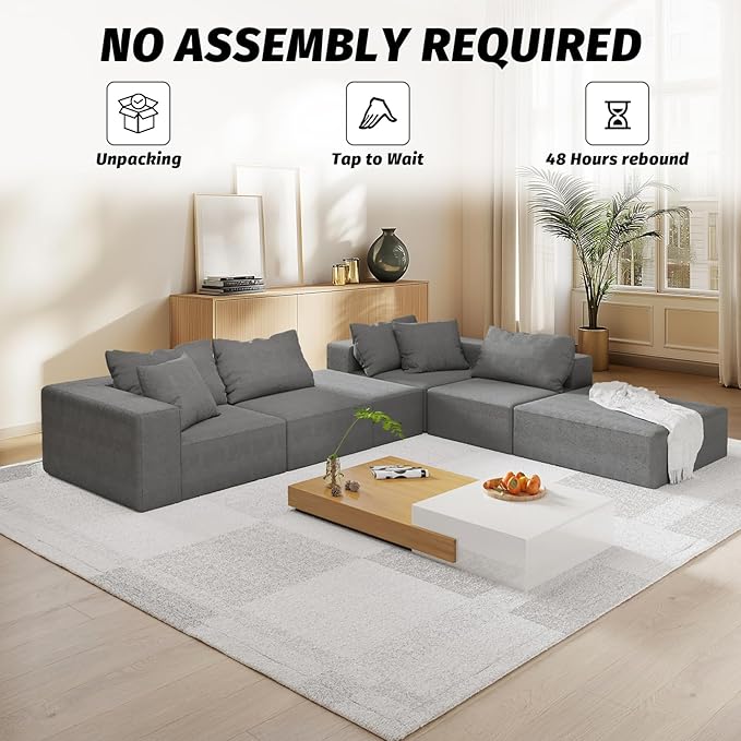 132'' Oversized Cloud Couch Upholstered Modular Sectional Sofa with 6 Pillows Deep Seat Chenille Couches for Living Room Modular Sectional Sofa Free Combination No Assembly Required (Gray)