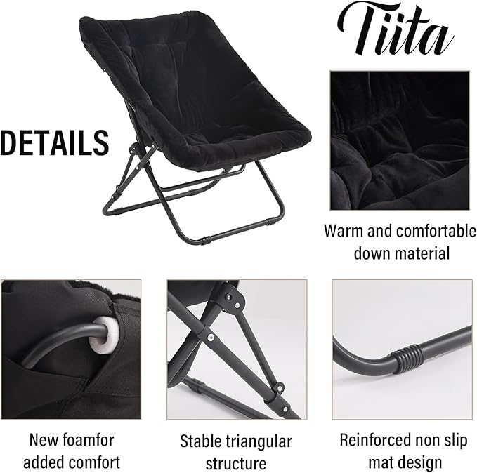 Tiita Folded Chair with Ottoman Soft Faux Fur Oversized Folding Accent ChairLazy Chair Metal Frame Moon Chair for Bedroom Living Room Dorm Rooms Garden and Courtyard