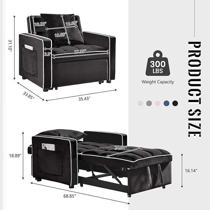 3 in 1 Velvet Sleeper Chair Pull Out Bed Convertible Single Sofa Bed Futon Modern Tufted Chair with Adjustable Backrest Pullout Sleeper Sofa Chair for Bedroom Living Room Indoor Lounge(Black)