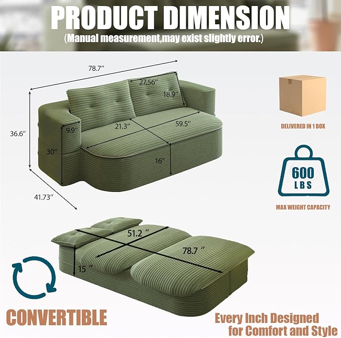 78.7-inch Folding futon Sofa Bed Full-Size Convertible Sleeper Couch Bed Memory Sponge Double Sofa with Comfortable Mattress Suitable for Living Room and Guest Room (green 78.7 inches)