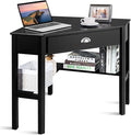 GOFLAME Computer Corner Desk Wood Compact Home Office Writing Workstation with Drawer and Shelves Laptop PC Corner Table for Small Space Home Office Black