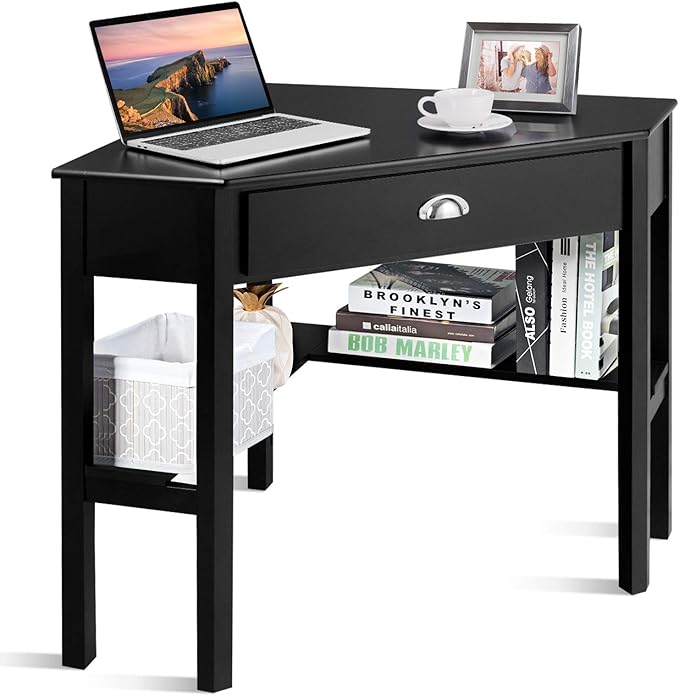 GOFLAME Computer Corner Desk Wood Compact Home Office Writing Workstation with Drawer and Shelves Laptop PC Corner Table for Small Space Home Office Black
