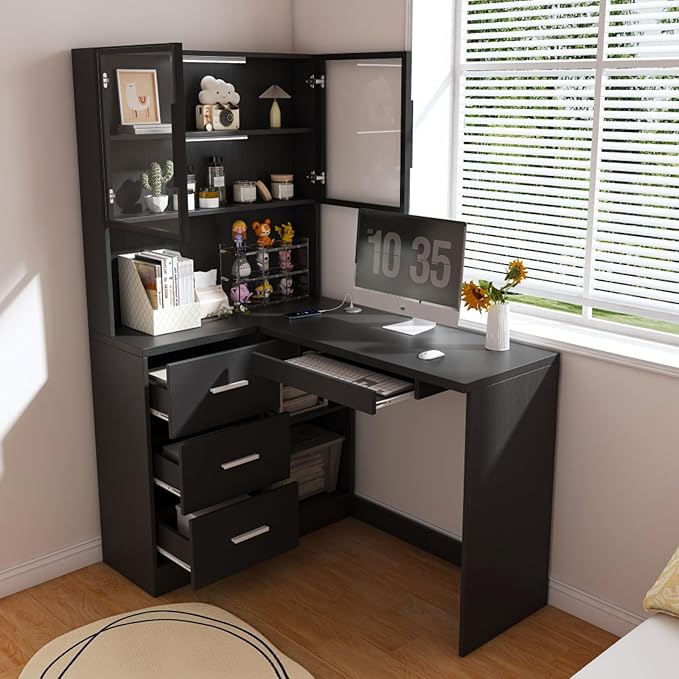 Ergonomic L-Shaped Design Housheold Glass Cabinet Computer Desk with LED Lights USB Ports &amp Keyboard Tray for Home Offices and Corporate Spaces (Black)