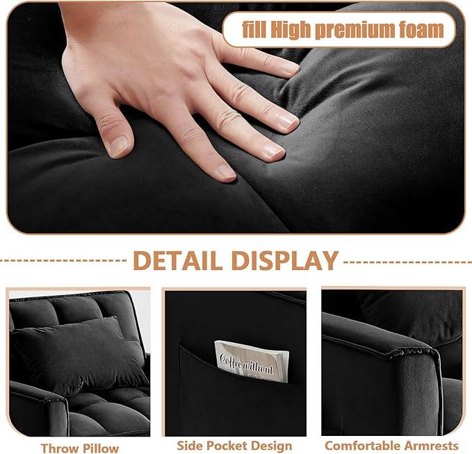 3 in 1 Convertible Sleeper Sofa Chair Modern Pull Out Couch Bed Single Recliner with Adjustable Back Velvet Futon Folding Sofa Bed Chair for Living Room Bedroom Small Spaces (Black)