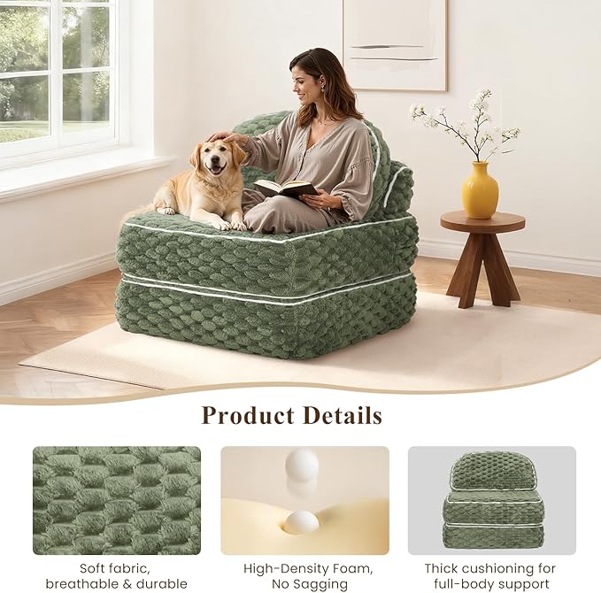 Folding Sofa Bed 3-in-1 Convertible Sleeper Chairs with PillowBack Support Fuzzy Fabric Floor Couch Bed for Adults Boneless Couches Living Room Bedroom Apartment Green