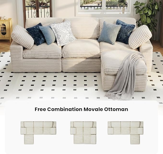 KKL 118 L Shaped Sectional Modular Boneless Sofa 4 Seater Cloud Couch with Ottoman Corduroy Sectional Couches for Living Room Bedroom Beige