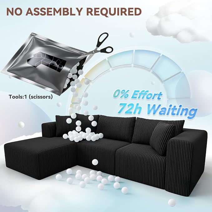 109 Modular Sectional SofaBoneless Couch for Living RoomCloud Sectional Couch with Deep SeatModular L-Shape Sofa with ChaiseNo Assembly RequiredBlack(Plush Corduroy Fabric)