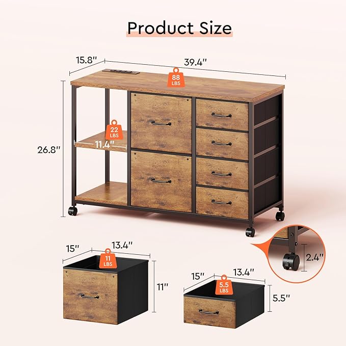 6 Drawer File Cabinet with Charging Station Rolling Printer Stand with Open Storage Shelf Fabric Lateral Filing Cabinet for Home OfficeRustic Brown2