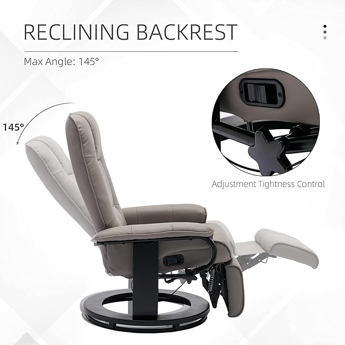 Faux Leather Manual ReclinerAdjustable Swivel Lounge Chair with FootrestCan Rotate 360 DegreesL-Right Angle Curved Wooden Frame Armrest and Wrapped Wood Base for Living RoomGrey