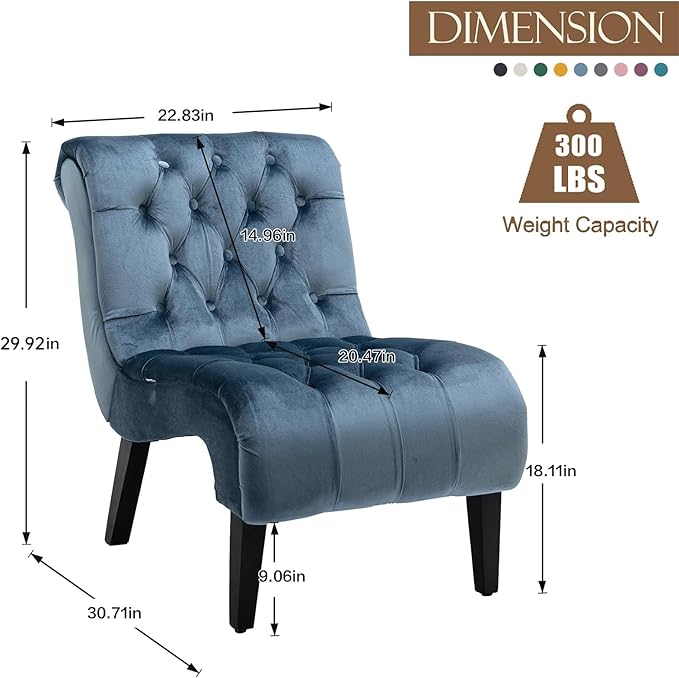 KINFFICT Velvet Accent Lounge Chair for Living Room Modern Leisure Chair with Tufted Backrest Indoor Armless Side Chair Upholstered Bedroom Sleeper Chairs with Solid Wood Legs
