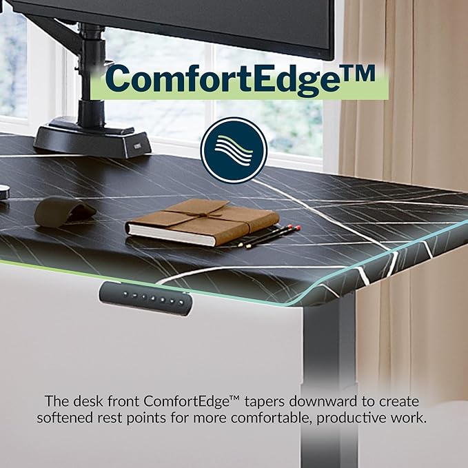 Vari ComfortEdge 60x30 Inch Adjustable Electric Standing Desk – Limited Edition Sit Stand VariDesk with Memory Presets &amp Sloped Front Edge + Tool-Free Assembly (Black Marble/Slate Legs)