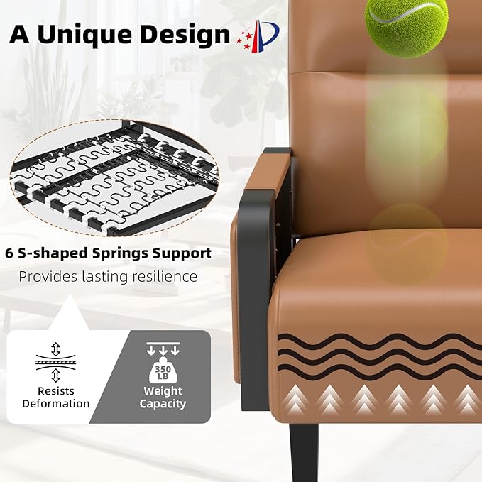Upholstered Accent Chairs Set of 2 Faux Leather Armchair with Tray Table Comfy Reading Chair for Living Room Bedroom Guest Room Brown