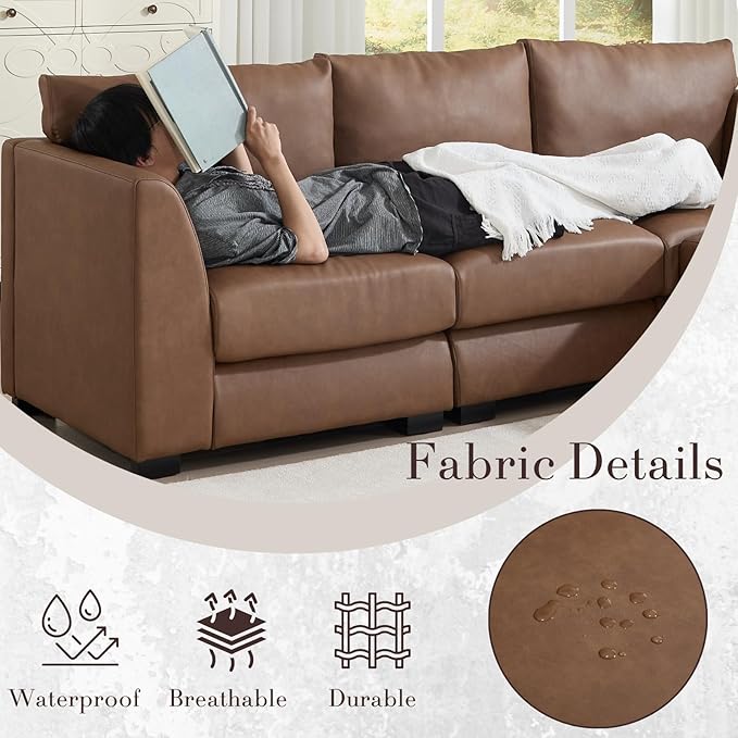 HEAH-YO 91 Inch Modular Sectional Sofa 3-Seater Sectional Couch with Movable Ottoman L Shaped Comfy Cloud Couch for Living Room PU Brown
