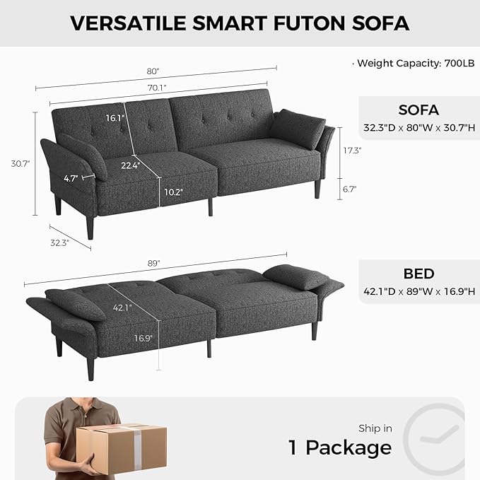 89” Futon Sofa BedComfy Futon Couch Bed with 2 Square PillowsConvertible Sleeper Sofa with Adjustable Backrest&amp Armrests Modern Loveseat Sleeper for Living Room Bedroom Linen Dark Gray