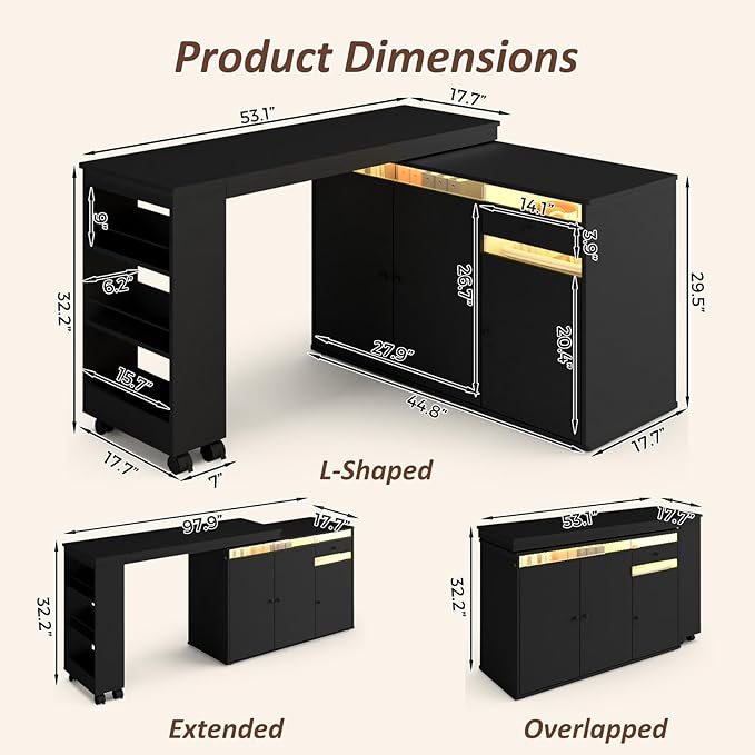 53 L-Shaped Computer Desk Rotating Home Office Desk with Storage Cabinet &amp Drawer Modern Craft/Study/Writing Table with LED Light Reversible Swivel Corner Desk Bedroom Black
