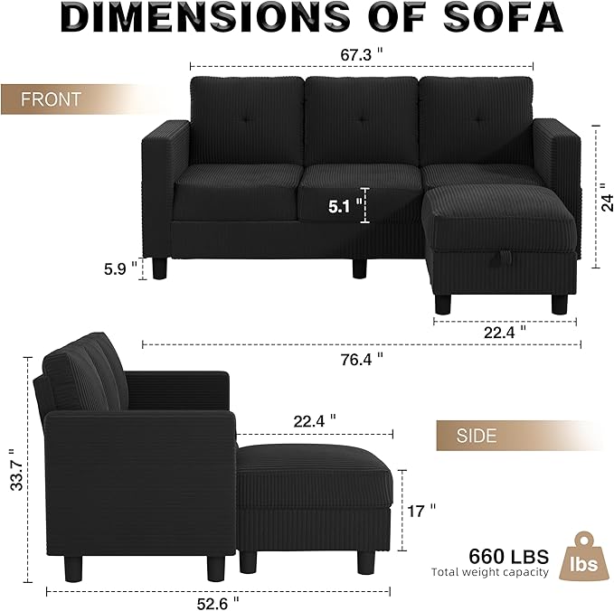 JAMFLY Convertible L-Shaped Sectional Sofa with Reversible Storage Ottoman 3-Seat Couch with Side Pockets Modern Compact Furniture for Small Apartments Studios &amp Lofts Black