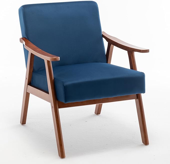 Mid Century Modern Accent Chairs with Solid Wood Frame Comfortable Accent Chair with Arms for Living Room or BedroomBlue