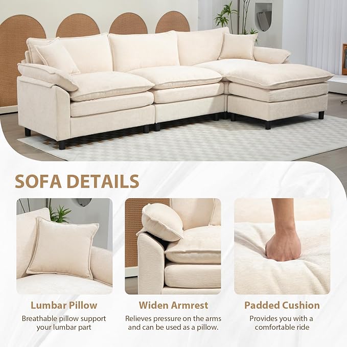 Chenille Modular Sectional Sofa 80'' Comfy Cloud Sofa Couch with Remove Ottoman Large U-Shaped Extra Deep Seat Sofa with Pillows for Living Room DIY Beige