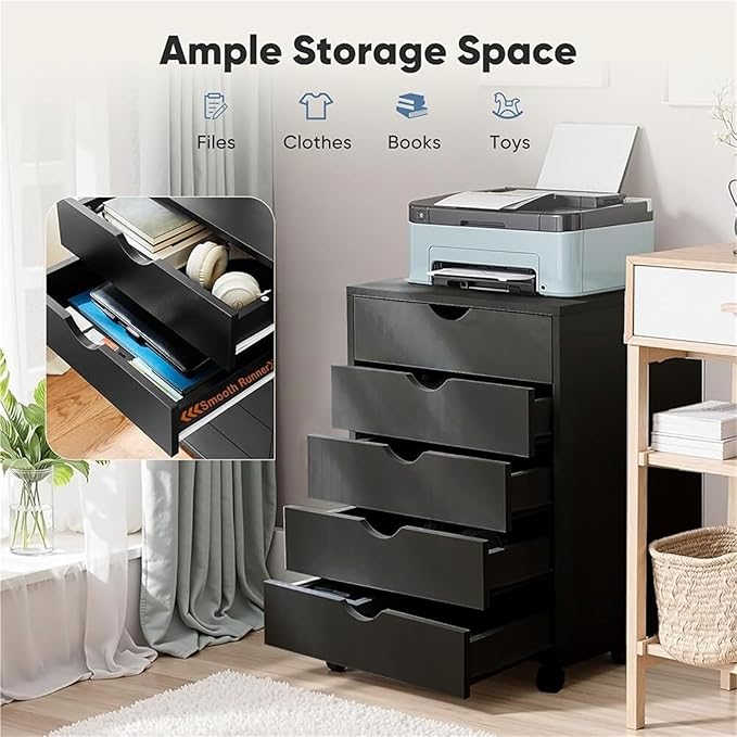 Mobile File Cabinet 5 Drawer Mobile File Cabinet Under Desk Storage Organization with Wheels Vertical Filing Chest Rolling Wood Small Printer