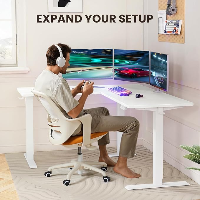 ErGear L Shaped Standing Desk 63x55 Electric Adjustable Height Sit Stand up Desk Ergonomic Large Computer Table Left &amp Right Interchangeable Installation Suitable for Home Office White