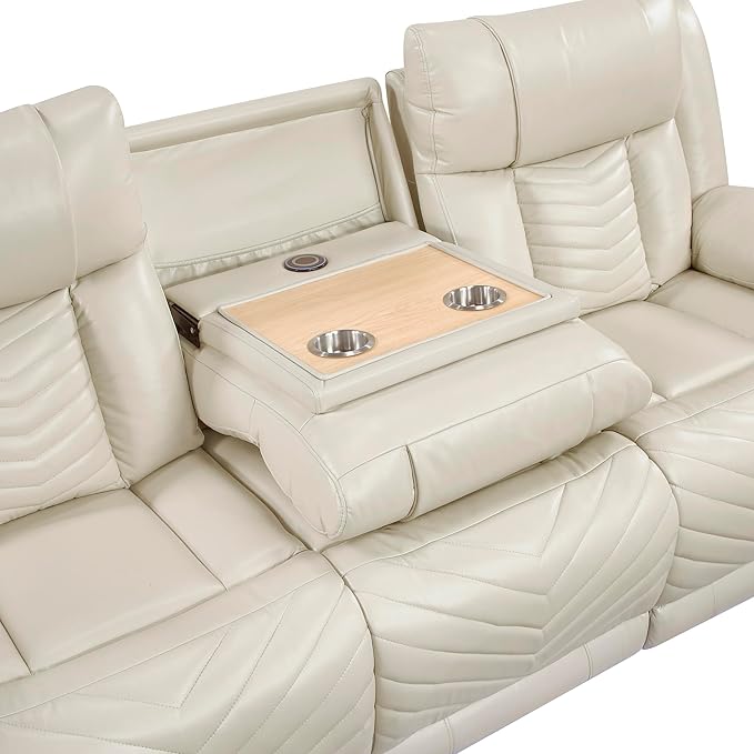 Lexicon Wall Hugger Power Double Reclining Sofa with Center Drop-Down Table Faux Leather Home Theater Seating with LED Lighting/USB Charging Ports/Wireless Charger/Cup Holders Magazine Pocket Beige