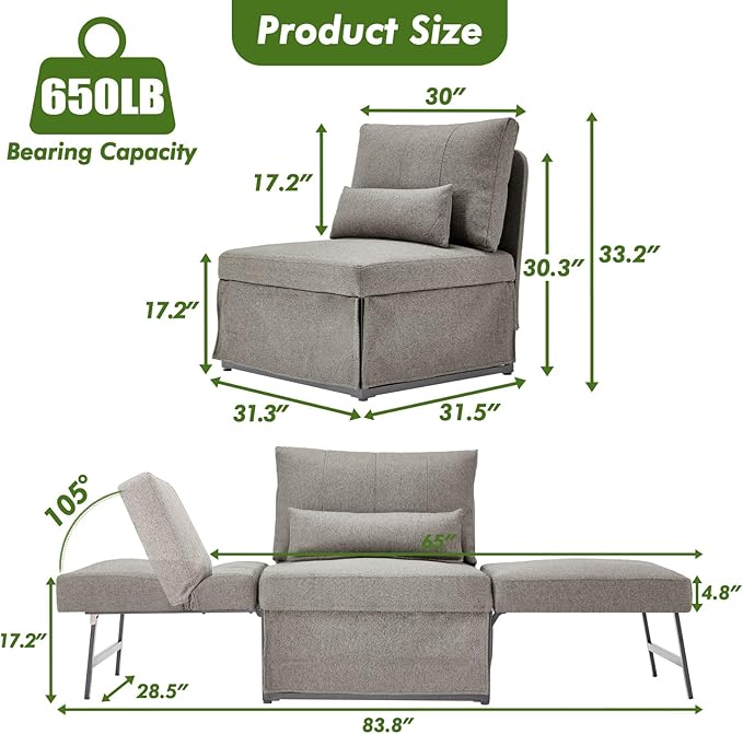 Sleeper Chair Bed Upgrade 4-in-1 to 5-in-1 Convertible Multi-fuction Sofa Chair w/Adjustable Backrest Assembly-Free Linen Folding Sofa Ottoman Bed for Living Room Apartment (Light Grey)