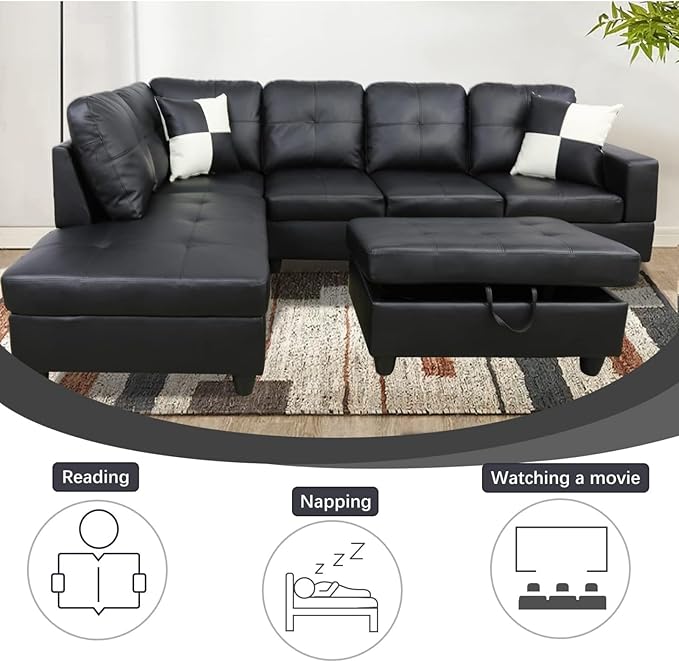 Leather Sectional Couch 105 Inch L Shaped Black Leather Sofa with Storage Ottoman 3 Piece Living Room Furniture Set with Tufted Pillows for Apartment Home Office