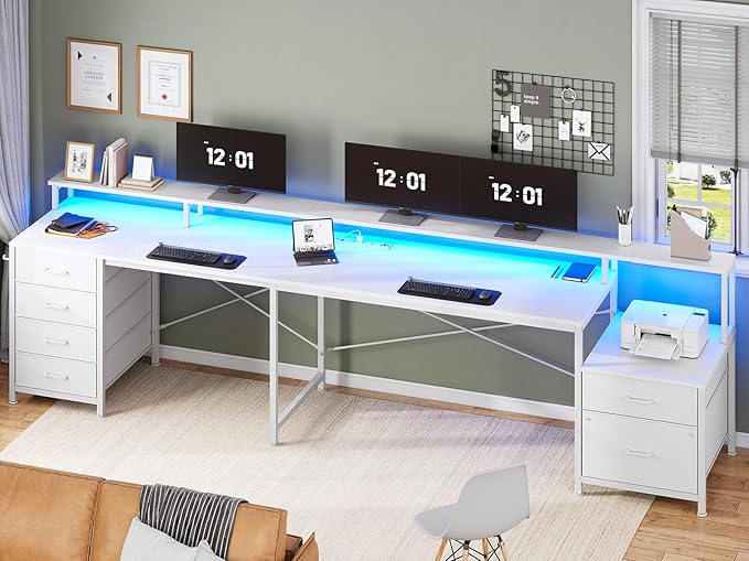 SEDETA L Shaped Desk with 6 Drawer 108 Home Office Desk with File Drawer &amp Power Outlet Corner Computer Desk with Monitor Shelf File Cabinet Two Person Desk Gaming Desk with Led Lights Whit